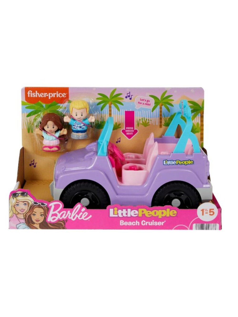 Fisher-Price Little People Barbie Beach Cruiser Car Music Sounds 2 Figures NEW